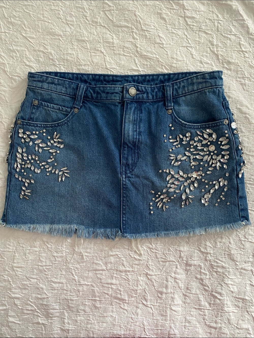 Free People Blue Denim Mini Skirt with Crystal Floral Embellishments